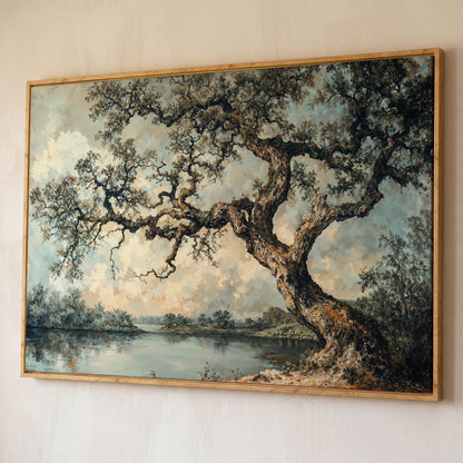 Peaceful Tree by the Lake Canvas Print shown in white oak floating frame