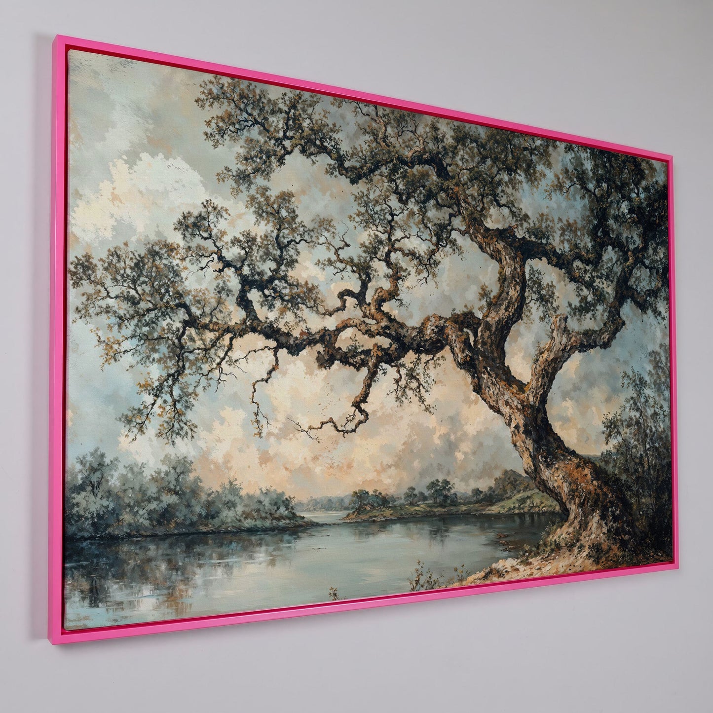 Peaceful Tree by the Lake Canvas Print in pink floating frame