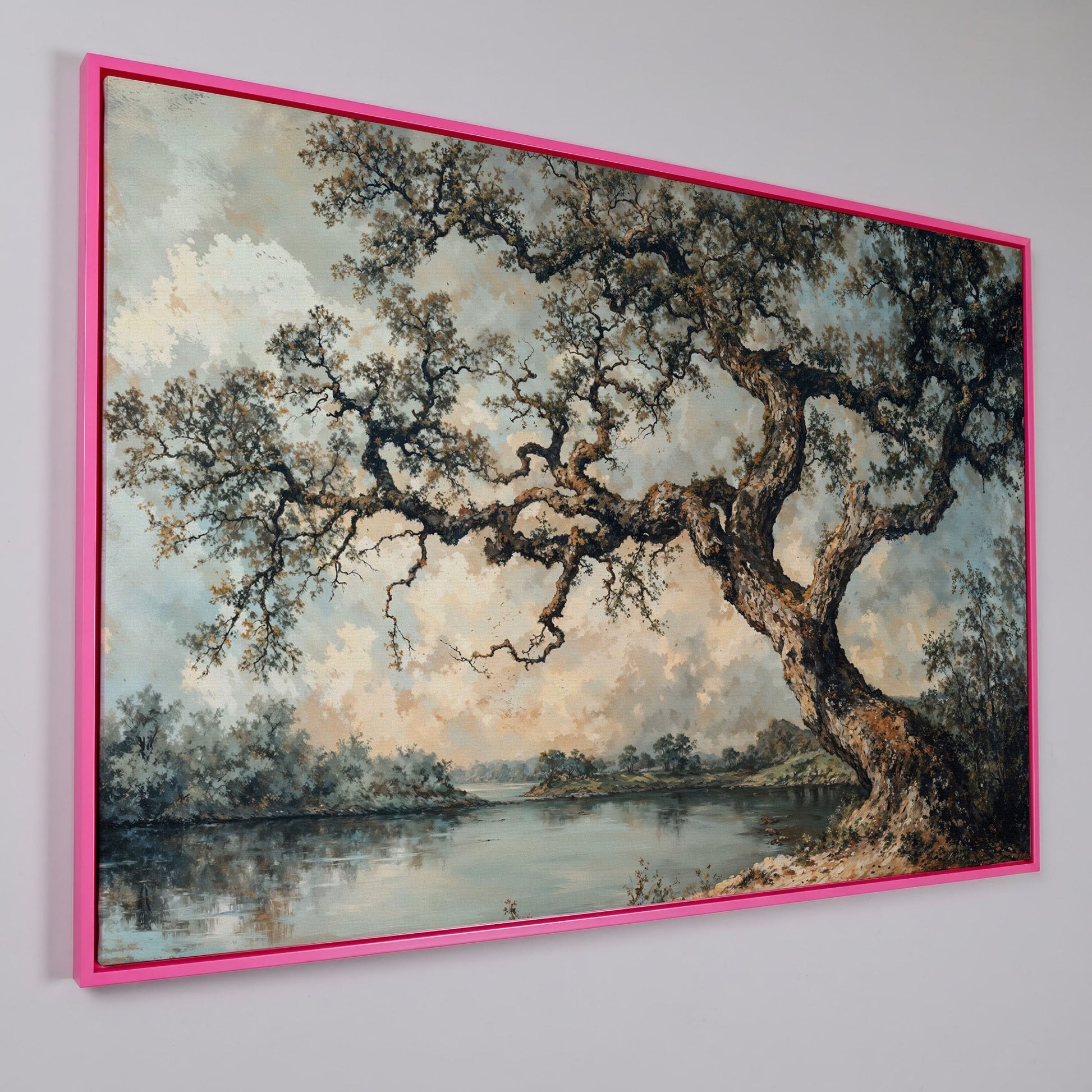 Peaceful Tree by the Lake Canvas Print in pink floating frame