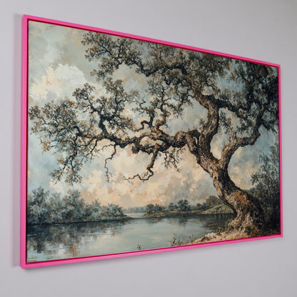 Peaceful Tree by the Lake Canvas Print in pink floating frame