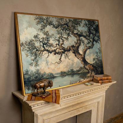 Peaceful Tree by the Lake Canvas Print in rose gold floating frame