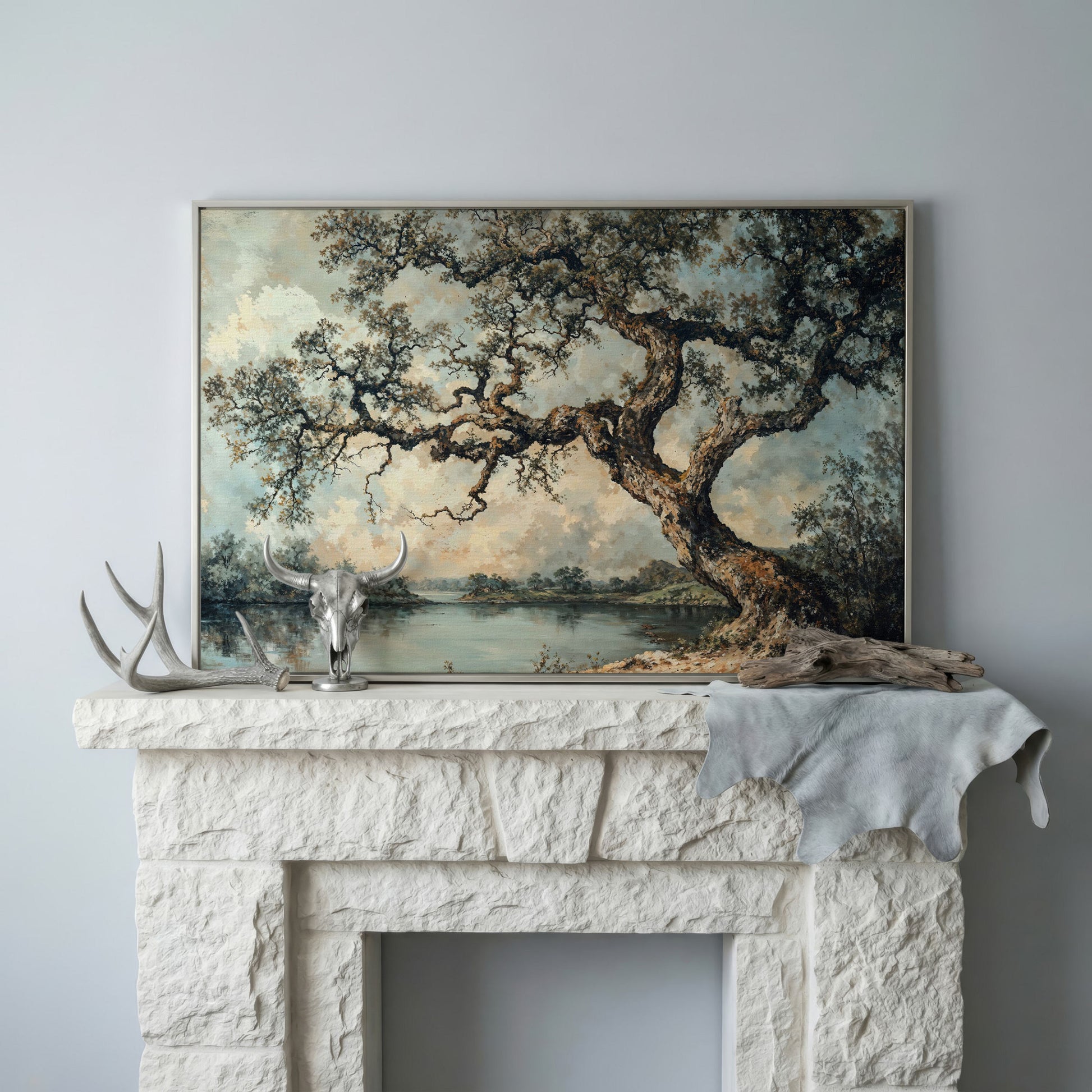 Peaceful Tree by the Lake Canvas Print in silver floating frame