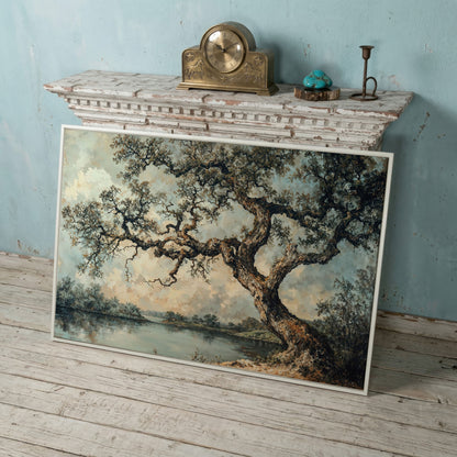 Peaceful Tree by the Lake Canvas Print in white floating frame