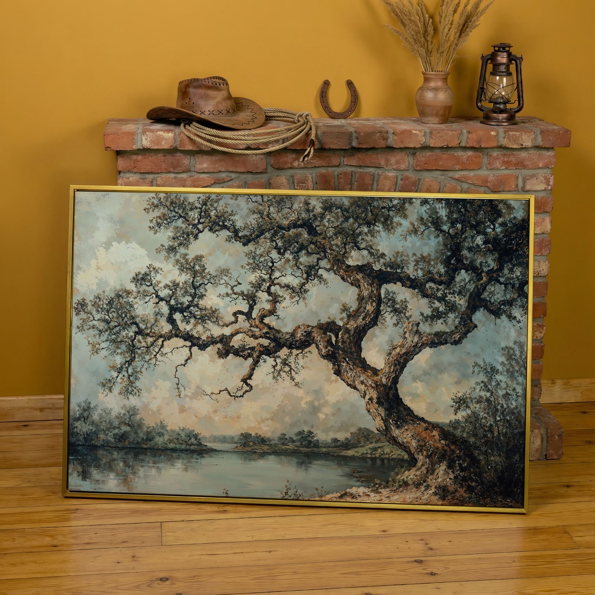 Peaceful Tree by the Lake Canvas Print in yellow gold floating frame