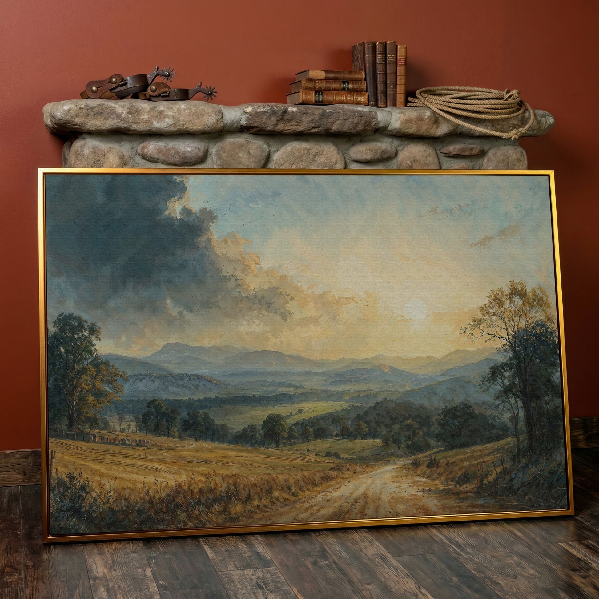Golden Hour Valley Canvas Wall Art in antique gold floating frame