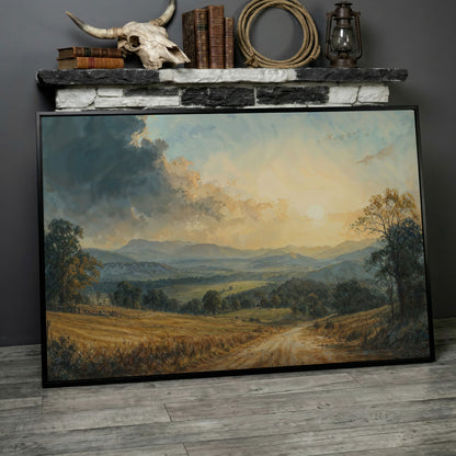 Golden Hour Valley Canvas Wall Art in black floating frame