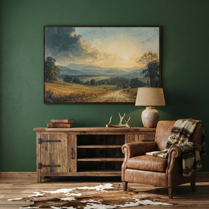 Golden Hour Valley Canvas Wall Art in dark walnut floating frame