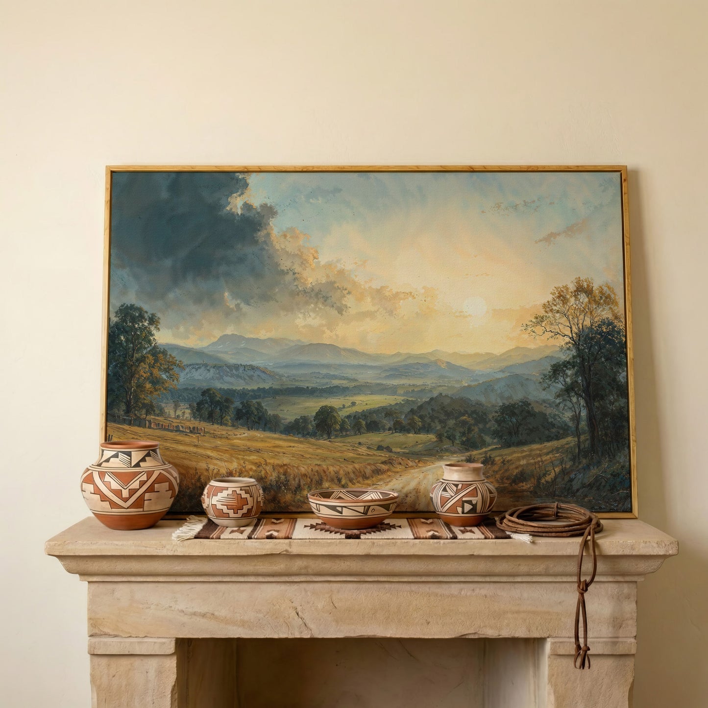 Golden Hour Valley Canvas Wall Art in white oak floating frame