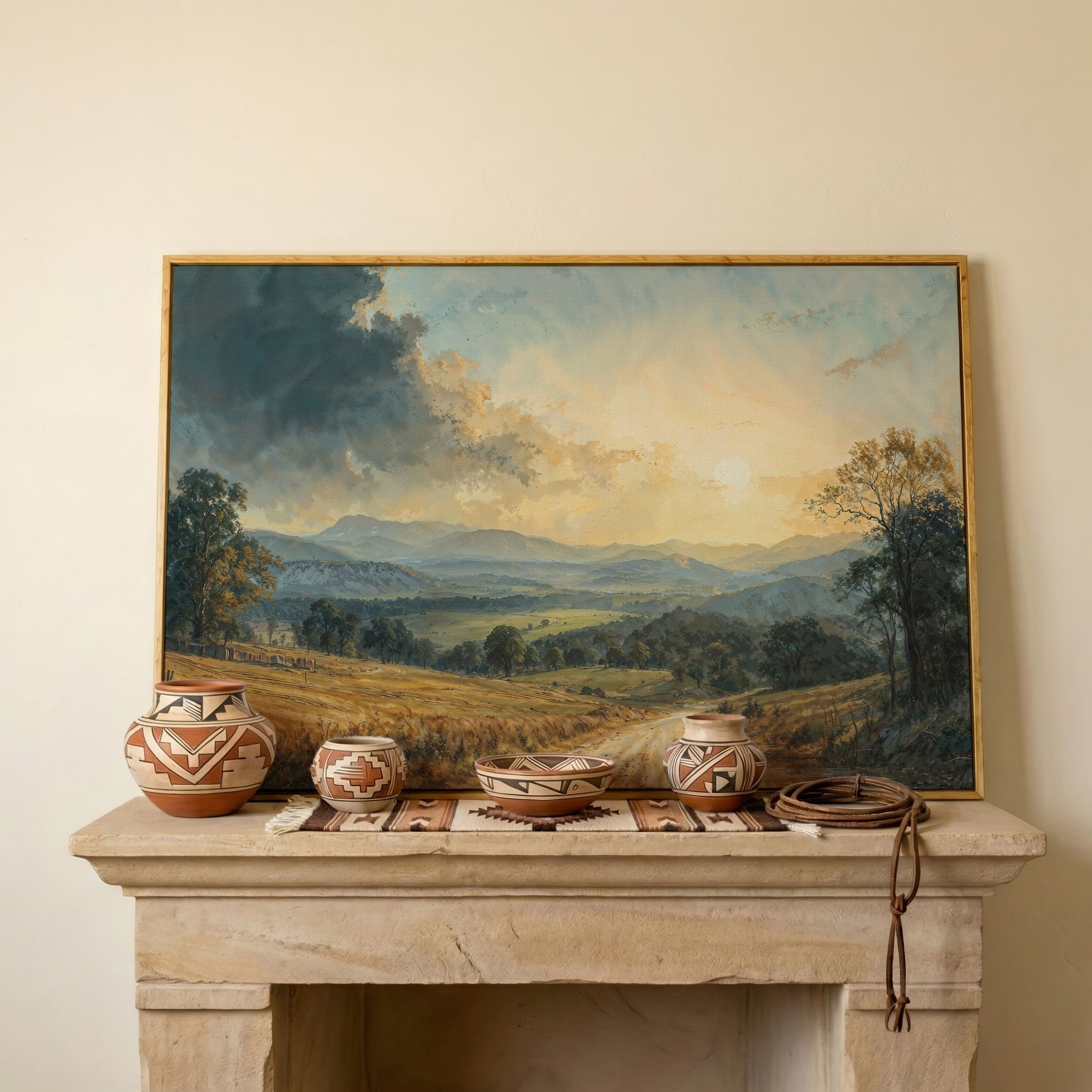 Golden Hour Valley Canvas Wall Art in white oak floating frame