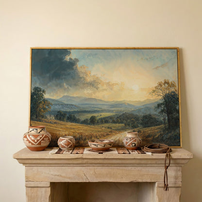Golden Hour Valley Canvas Wall Art in white oak floating frame