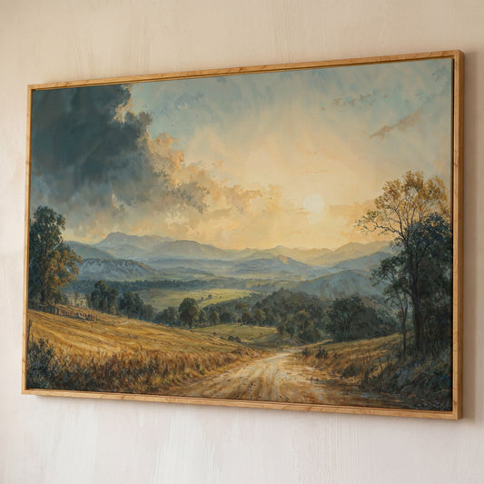 Golden Hour Valley Canvas Wall Art shown in white oak floating frame