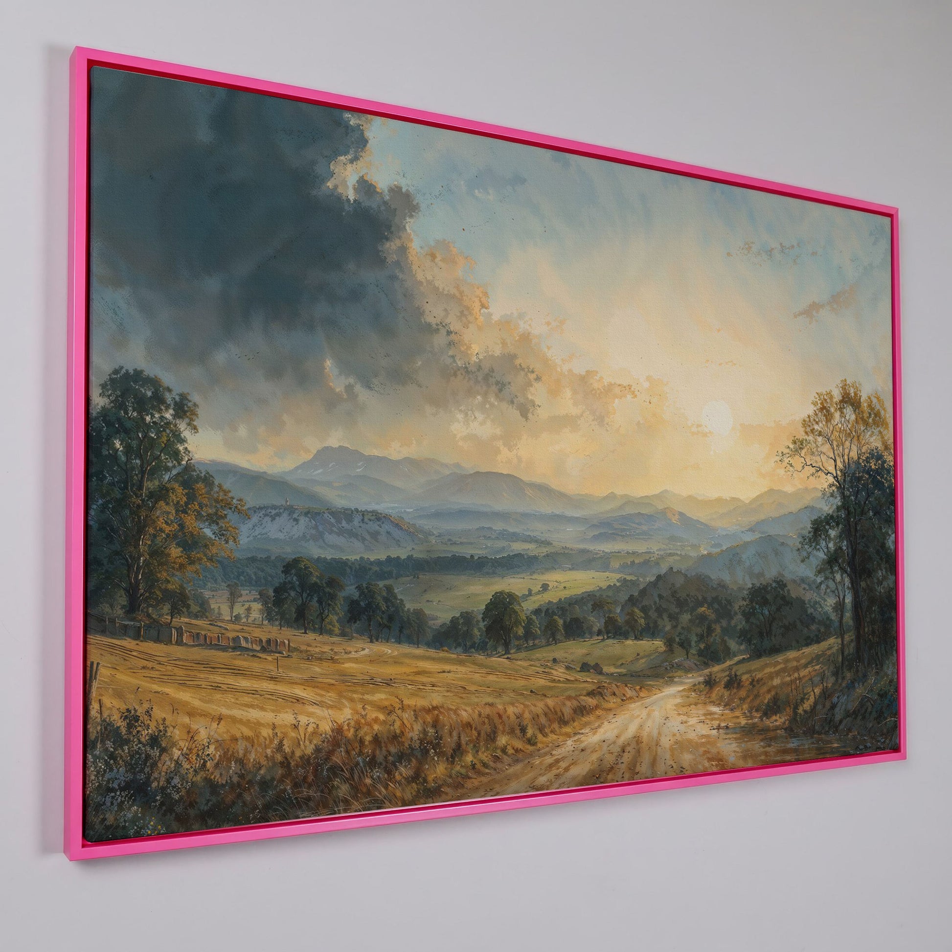 Golden Hour Valley Canvas Wall Art in pink floating frame