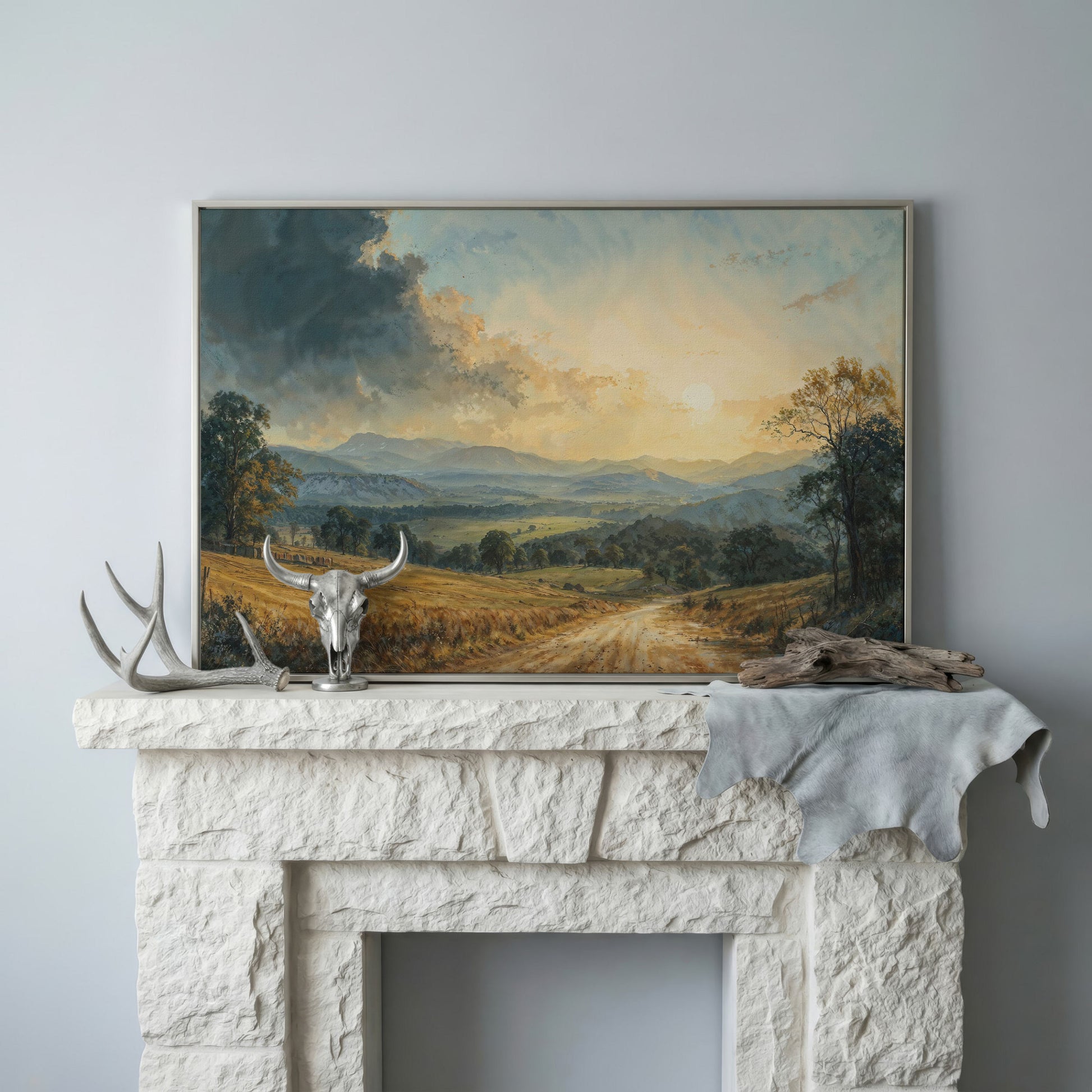 Golden Hour Valley Canvas Wall Art in silver floating frame