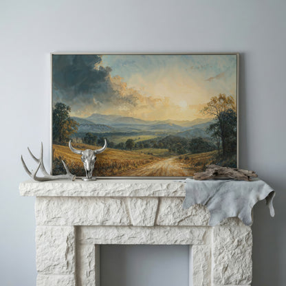 Golden Hour Valley Canvas Wall Art in silver floating frame