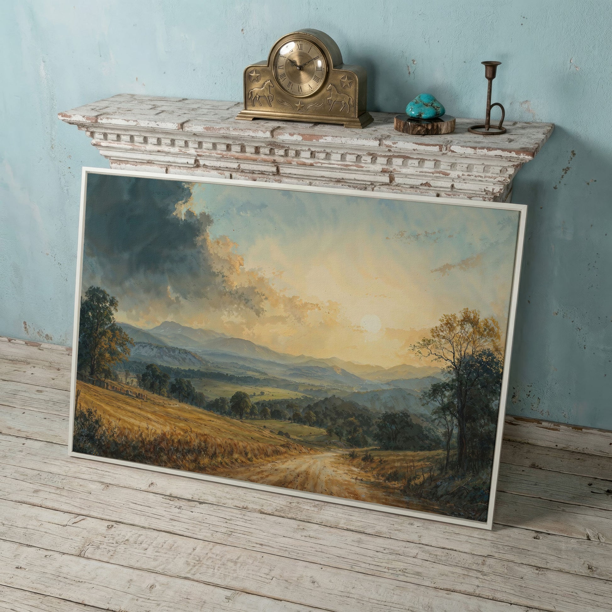 Golden Hour Valley Canvas Wall Art in white floating frame