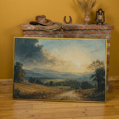 Golden Hour Valley Canvas Wall Art in yellow gold floating frame