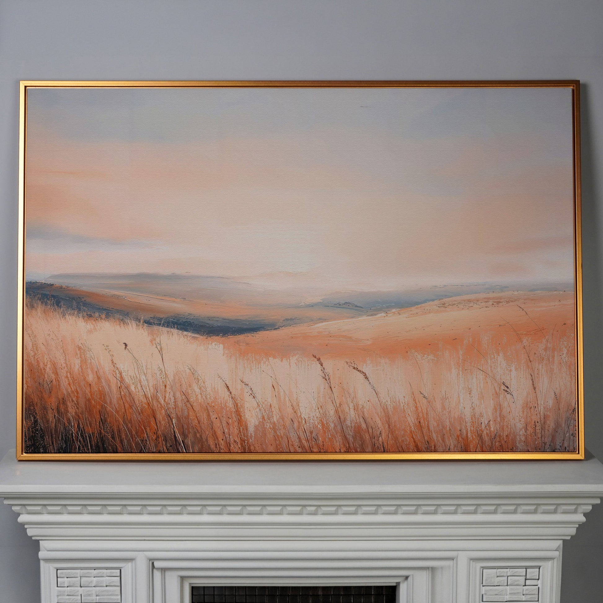 Wheat Field Landscape Canvas Print with Autumn Colors in antique gold floating frame