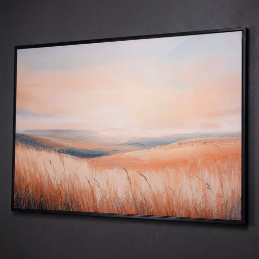 Wheat Field Landscape Canvas Print with Autumn Colors shown in black floating frame