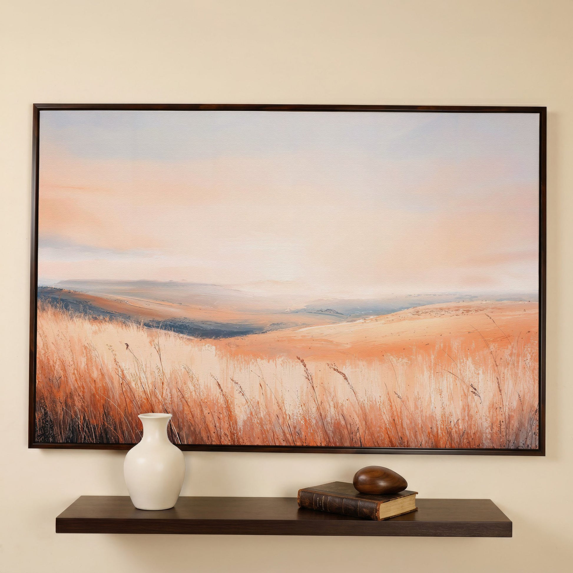 Wheat Field Landscape Canvas Print with Autumn Colors in dark walnut floating frame