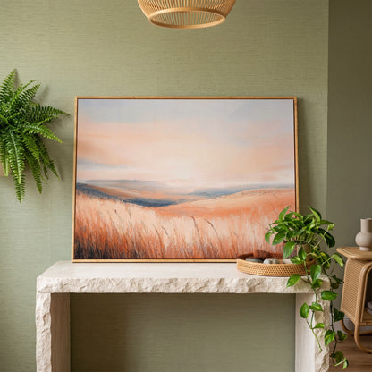 Wheat Field Landscape Canvas Print with Autumn Colors in white oak floating frame
