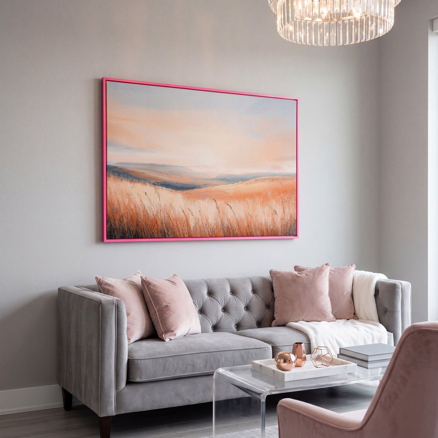 Wheat Field Landscape Canvas Print with Autumn Colors in pink floating frame