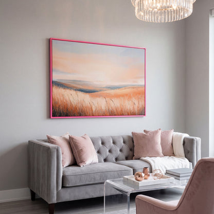 Wheat Field Landscape Canvas Print with Autumn Colors in pink floating frame