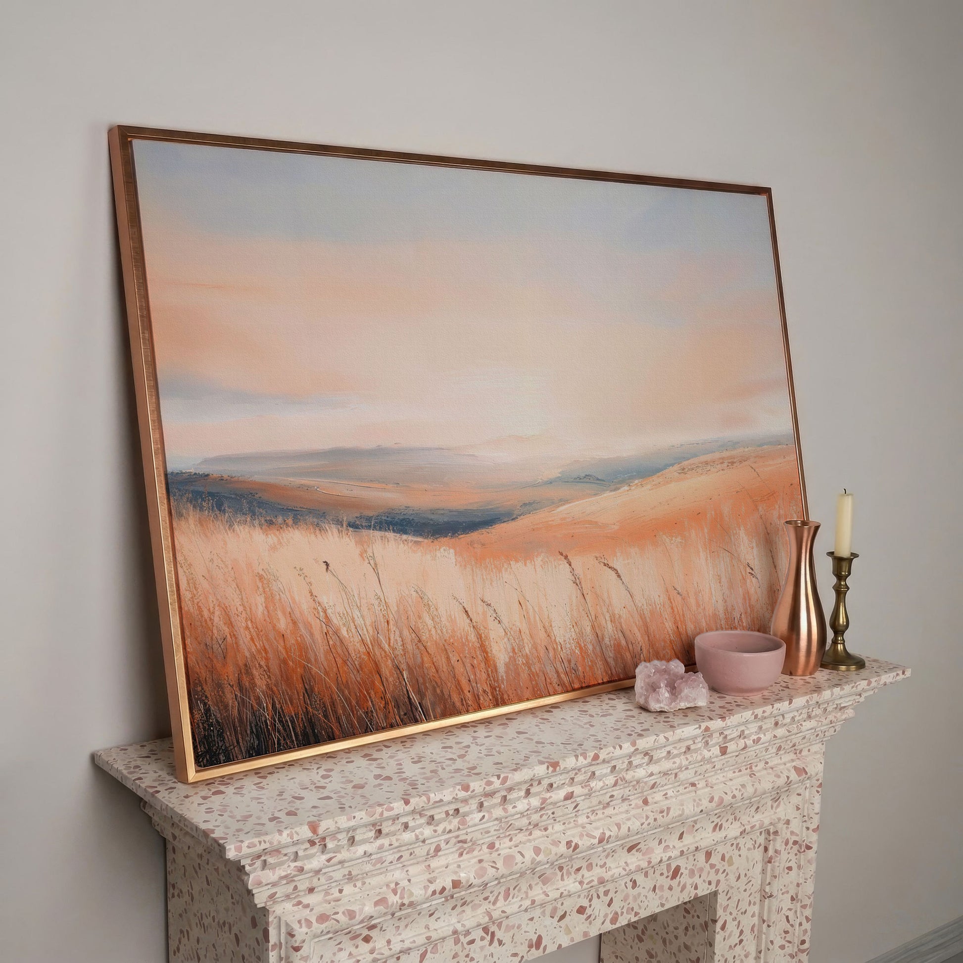 Wheat Field Landscape Canvas Print with Autumn Colors in rose gold floating frame
