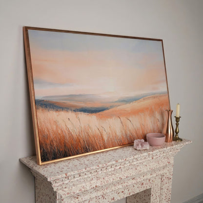Wheat Field Landscape Canvas Print with Autumn Colors in rose gold floating frame