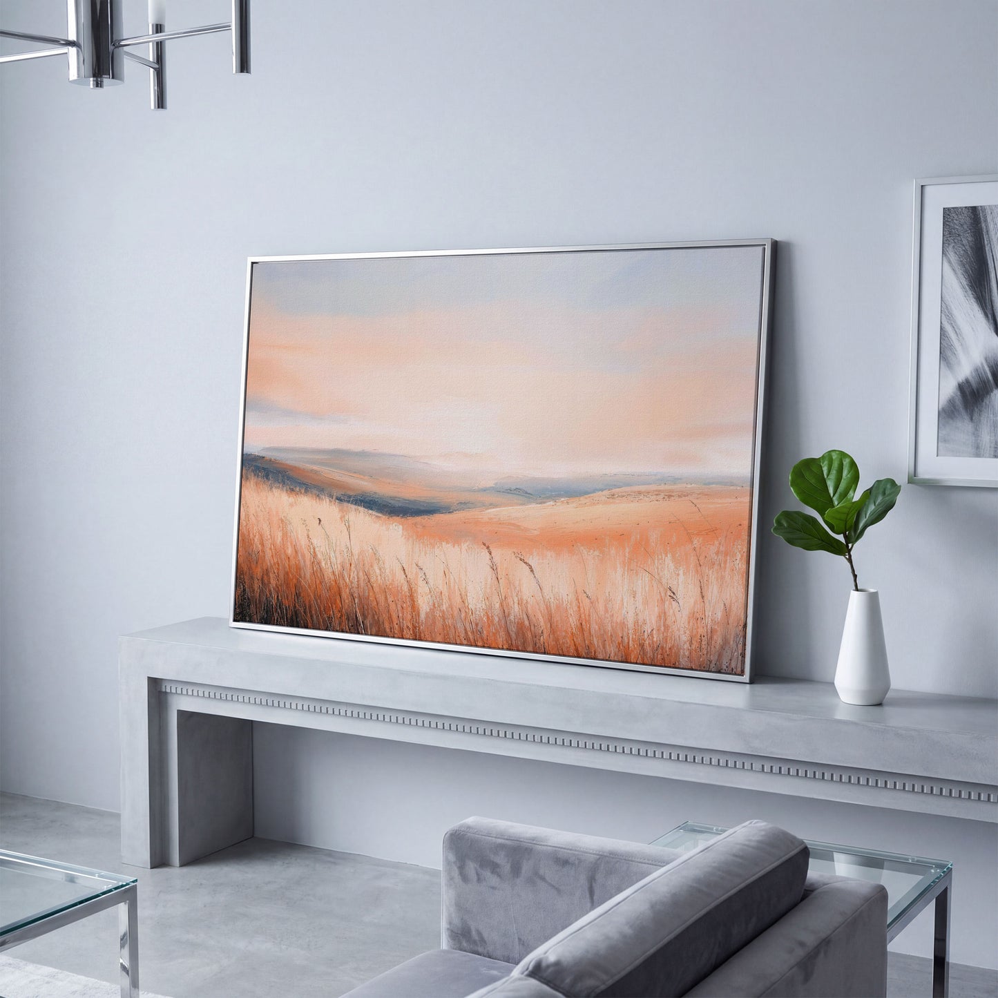 Wheat Field Landscape Canvas Print with Autumn Colors in silver floating frame