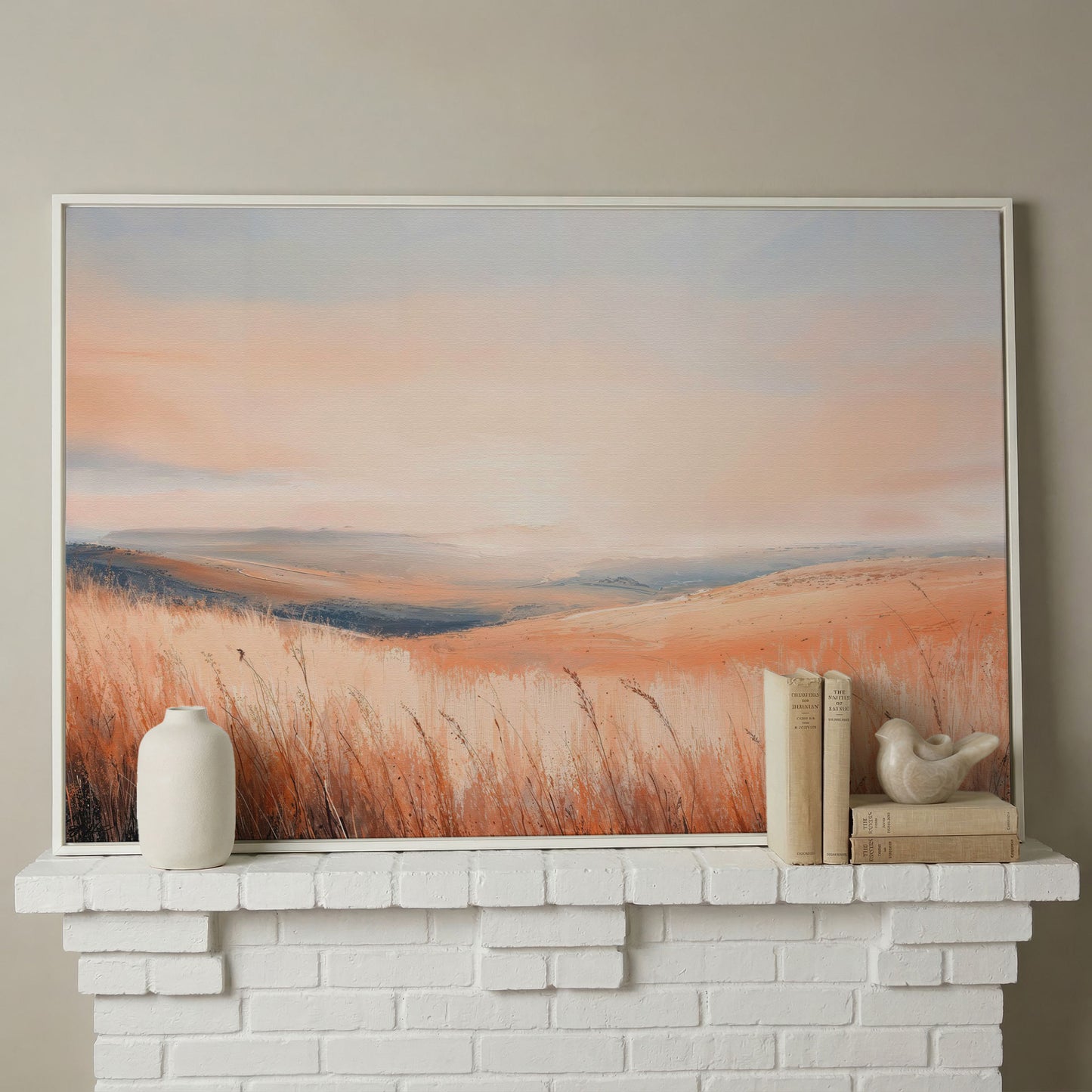 Wheat Field Landscape Canvas Print with Autumn Colors in white floating frame