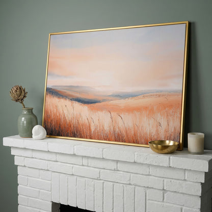 Wheat Field Landscape Canvas Print with Autumn Colors in yellow gold floating frame