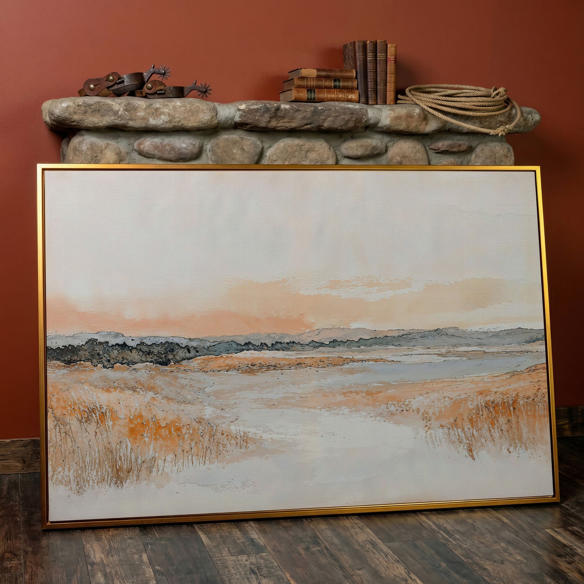 Serene Abstract Landscape Canvas Print in antique gold floating frame