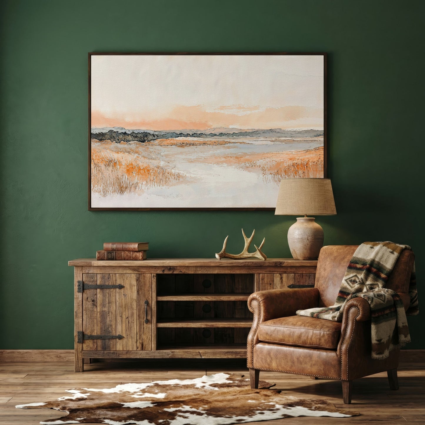 Serene Abstract Landscape Canvas Print in dark walnut floating frame