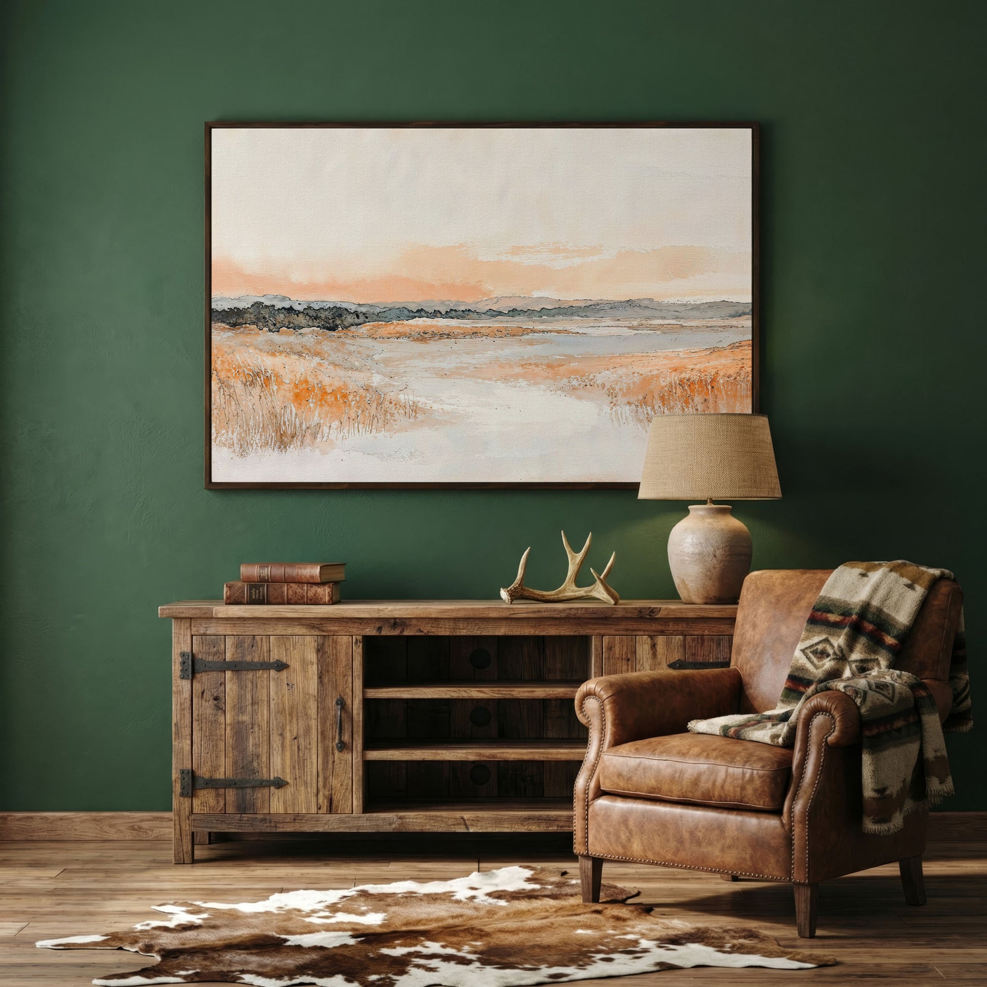 Serene Abstract Landscape Canvas Print in dark walnut floating frame