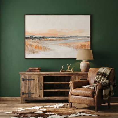 Serene Abstract Landscape Canvas Print in dark walnut floating frame