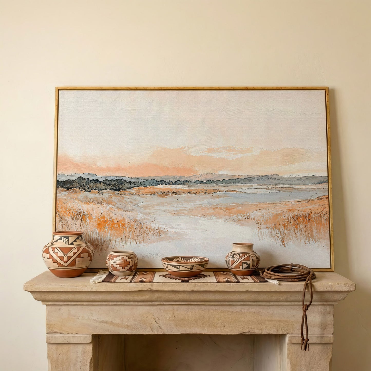 Serene Abstract Landscape Canvas Print in white oak floating frame
