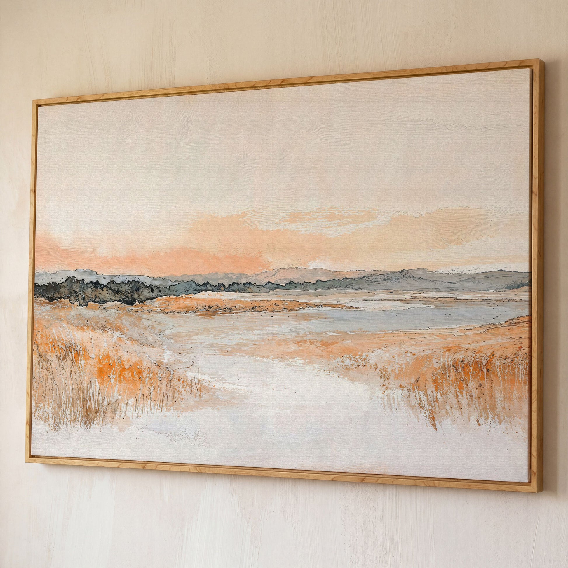 Serene Abstract Landscape Canvas Print shown in white oak floating frame