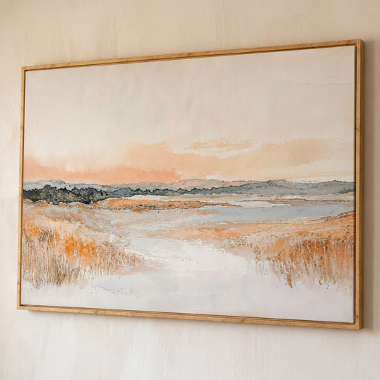 Serene Abstract Landscape Canvas Print shown in white oak floating frame