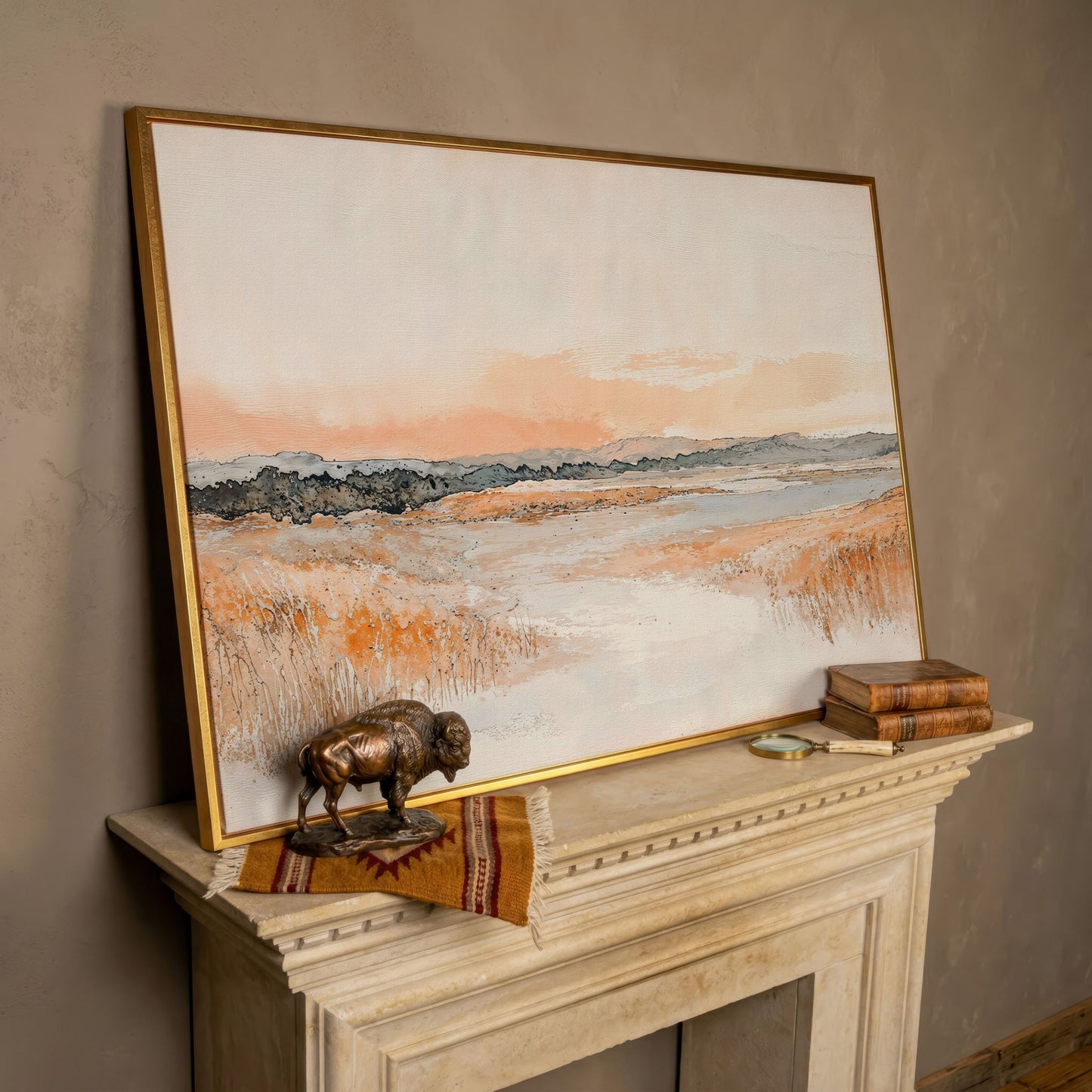 Serene Abstract Landscape Canvas Print in rose gold floating frame