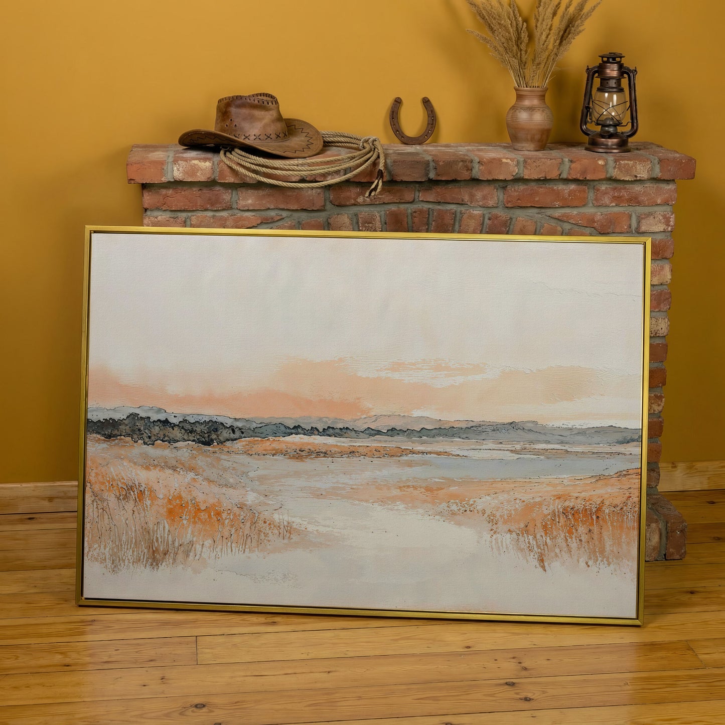 Serene Abstract Landscape Canvas Print in yellow gold floating frame