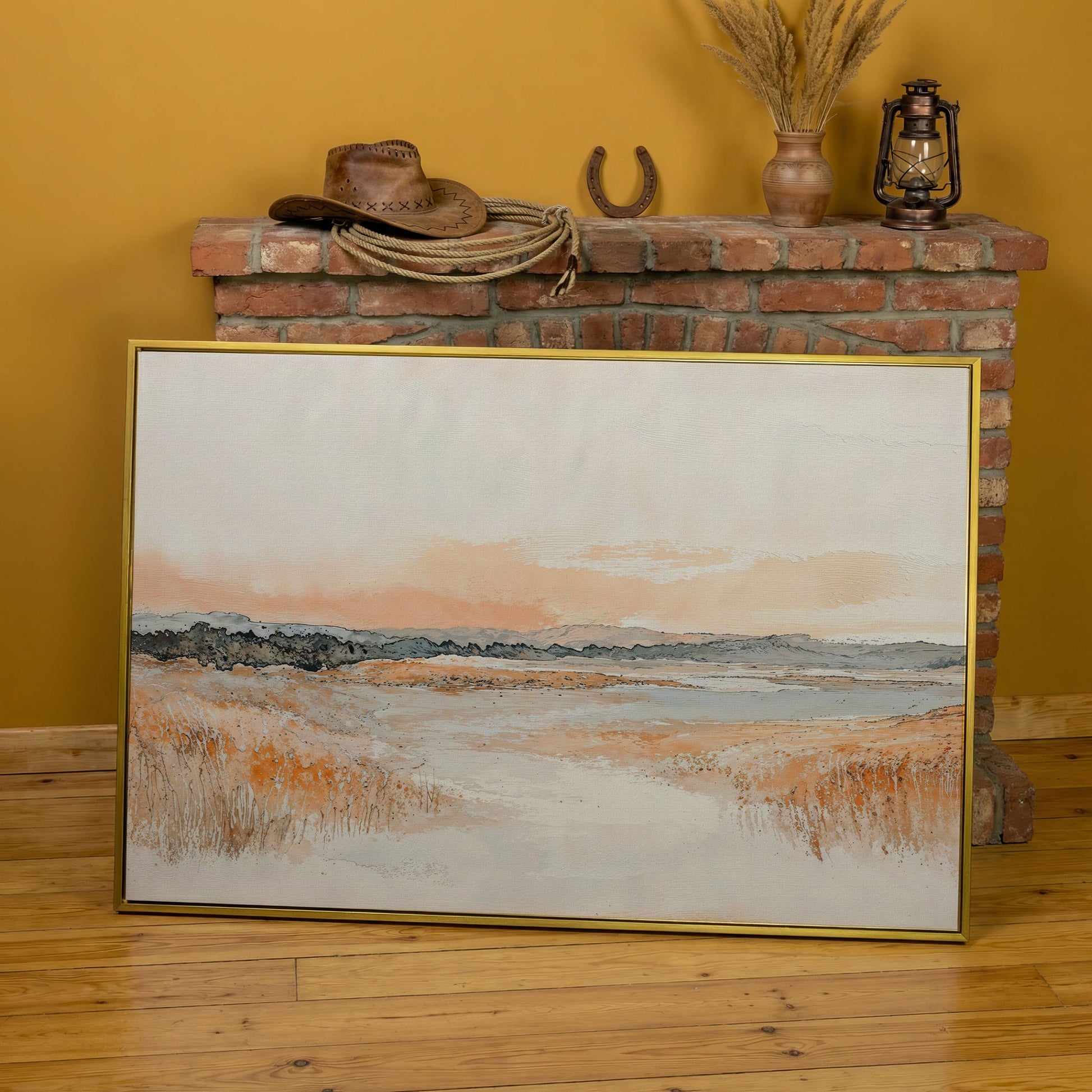 Serene Abstract Landscape Canvas Print in yellow gold floating frame