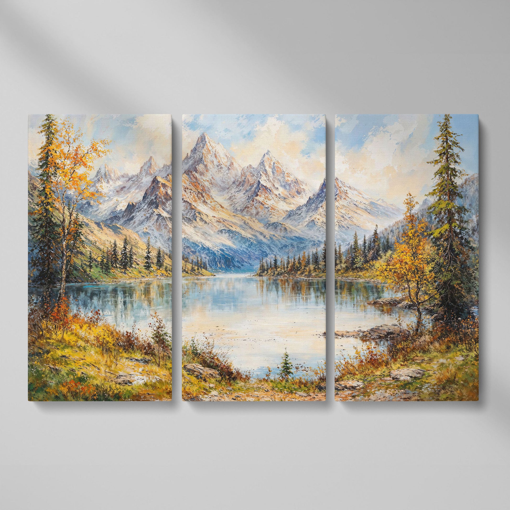 Mountain Lake with Snow-Capped Peaks Canvas as 3-panel split version
