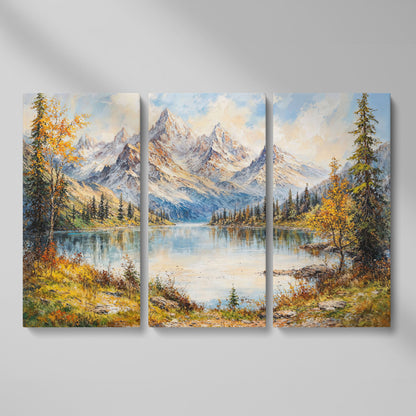 Mountain Lake with Snow-Capped Peaks Canvas as 3-panel split version