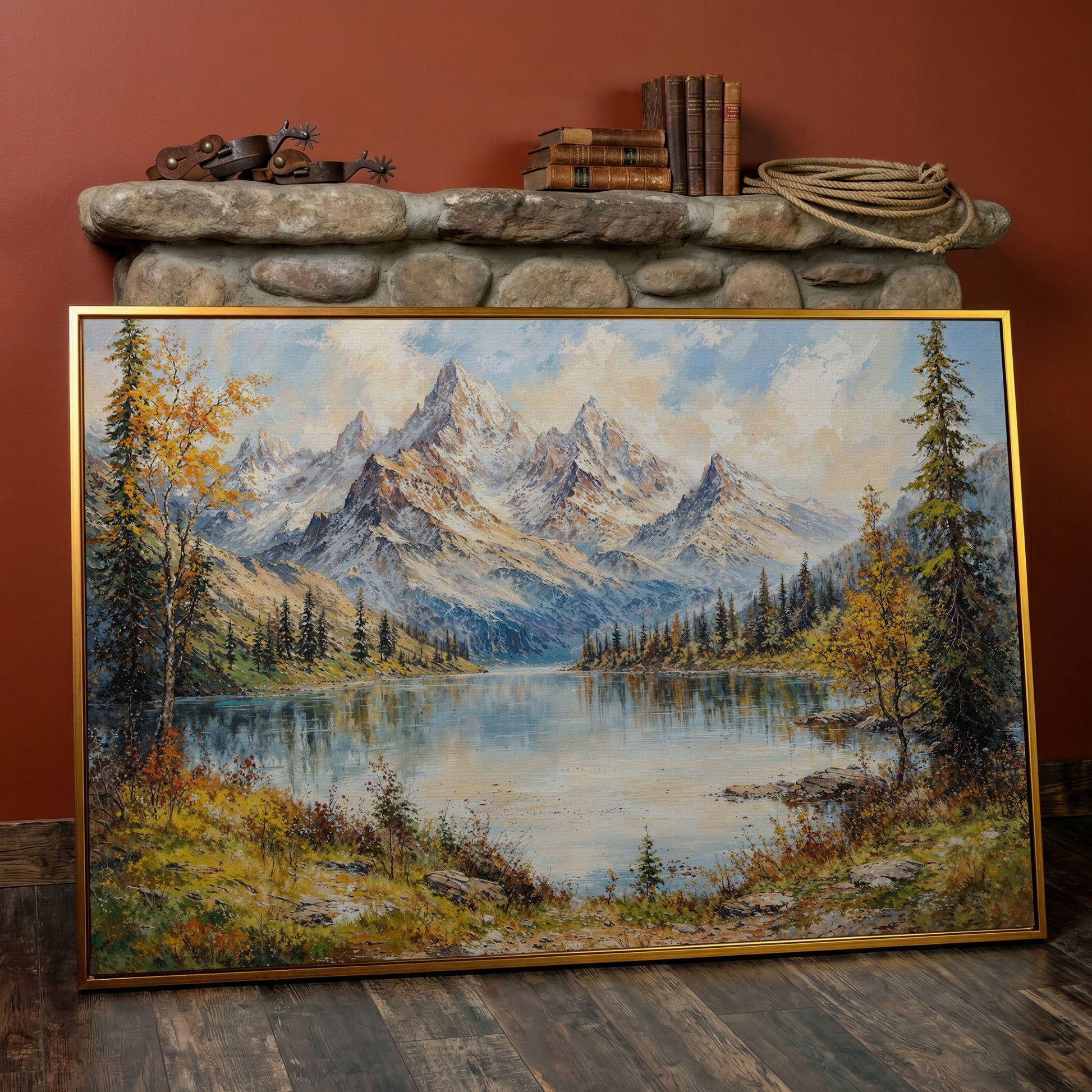 Mountain Lake with Snow-Capped Peaks Canvas in antique gold floating frame