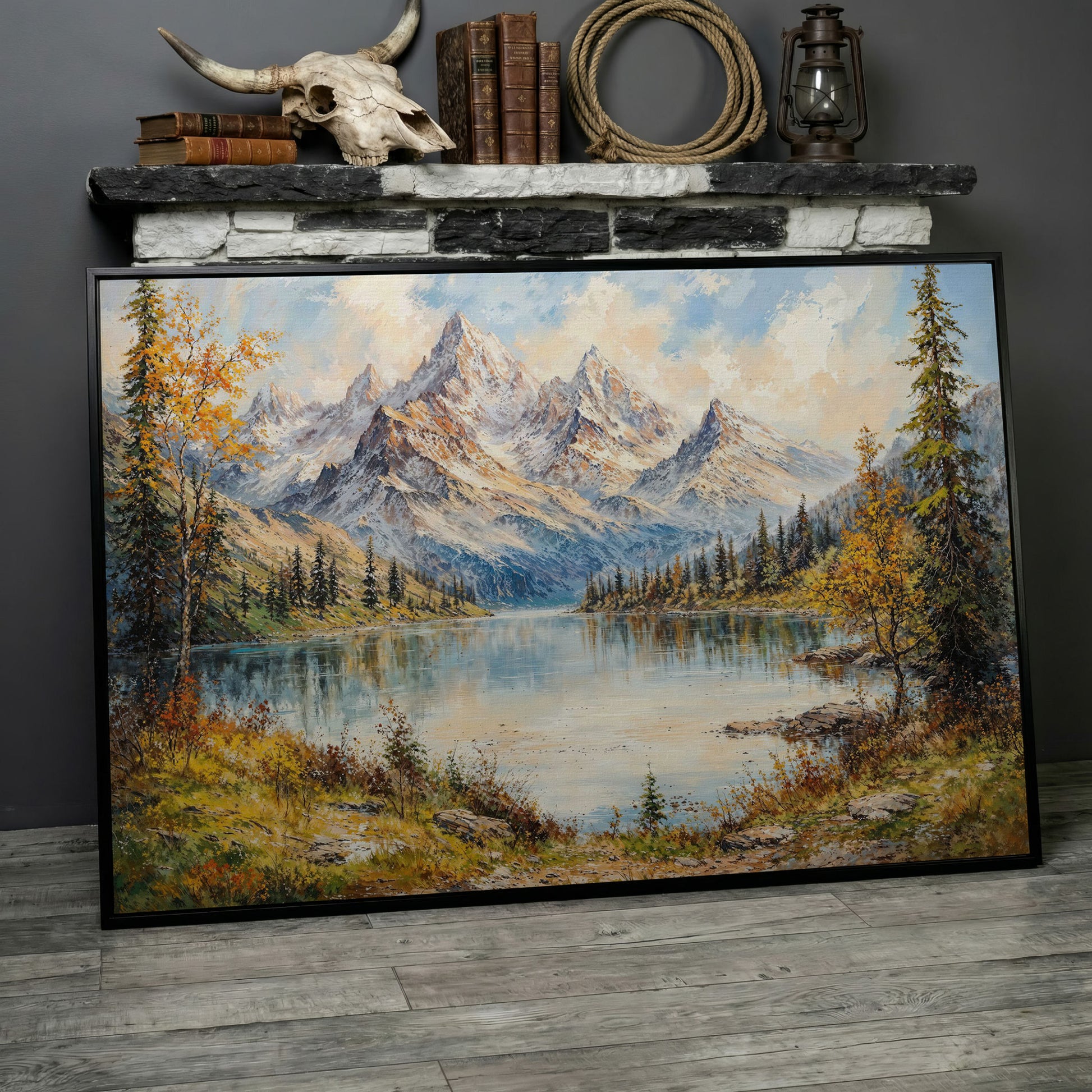Mountain Lake with Snow-Capped Peaks Canvas in black floating frame