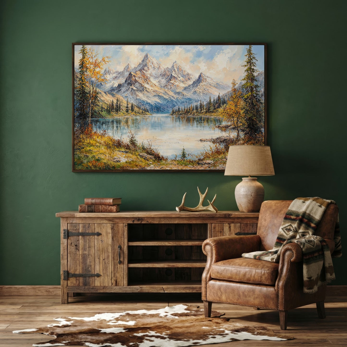 Mountain Lake with Snow-Capped Peaks Canvas in dark walnut floating frame