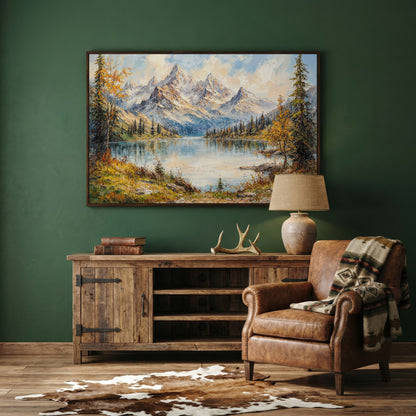 Mountain Lake with Snow-Capped Peaks Canvas in dark walnut floating frame