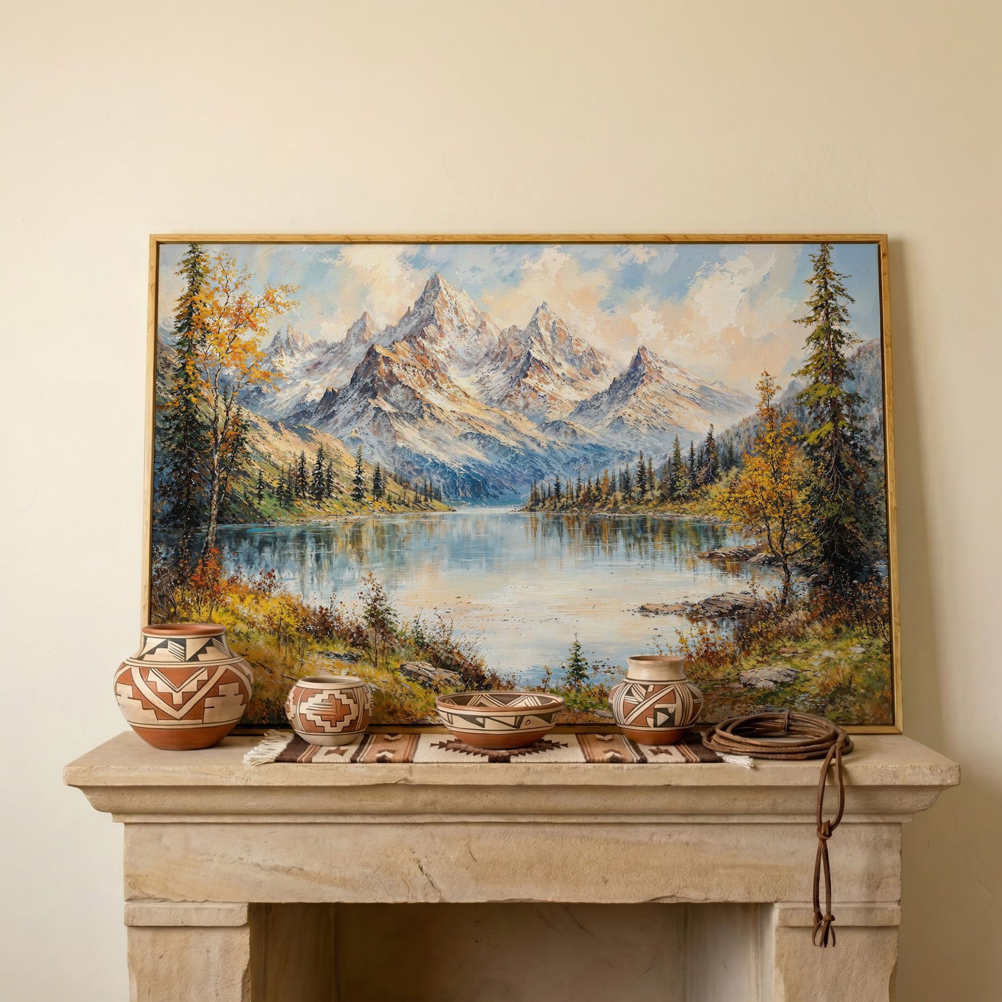 Mountain Lake with Snow-Capped Peaks Canvas in white oak floating frame