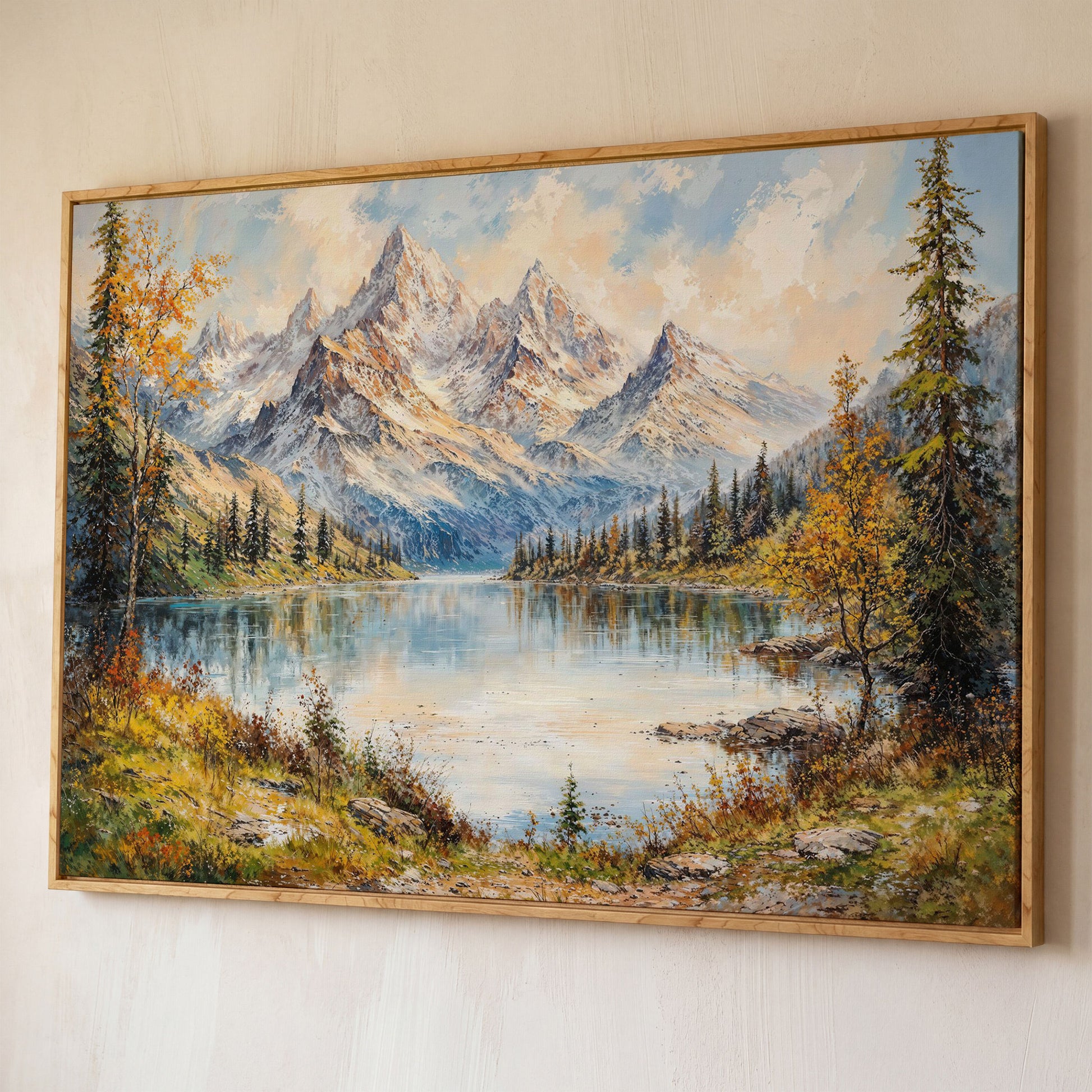 Mountain Lake with Snow-Capped Peaks Canvas shown in white oak floating frame