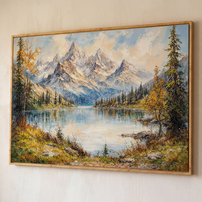 Mountain Lake with Snow-Capped Peaks Canvas shown in white oak floating frame